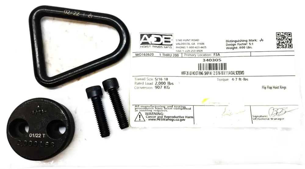 ADB Steel Black Oxide Flip-Flop Hoist Ring Assembly 34030S NOS