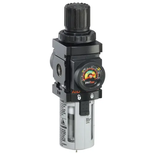 ARO 1500 Series 1/4 in. Filter-Regulator "Piggyback" w/ Poly Bowl, Manual Drain, & Gauge