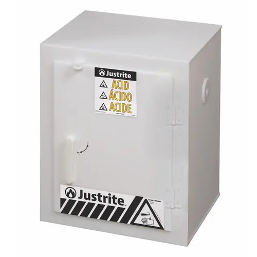 Justrite White Solid Polyethylene Cabinets for Acids - 1 Door Countertop - Six 2.5 liter bottles