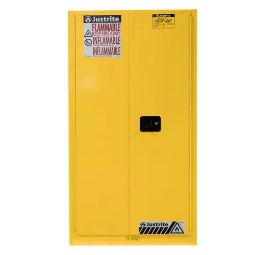 Justrite Yellow Vertical Drum Storage Cabinet - 2 Door Self-Close w/ Drum Rollers