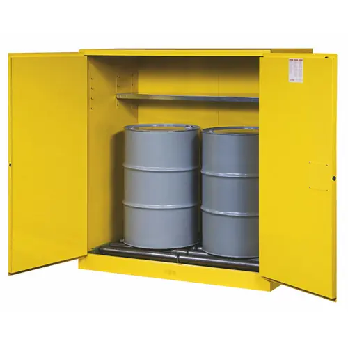 Justrite Yellow Vertical Drum Storage Cabinet with Rollers - Manual Close