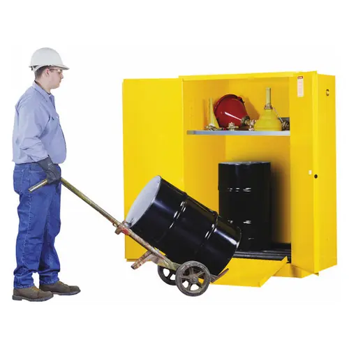 Justrite Yellow Vertical Drum Storage Cabinet - 2 Door Manual W/ Drum Rollers - 2x 30 Gallon Drums