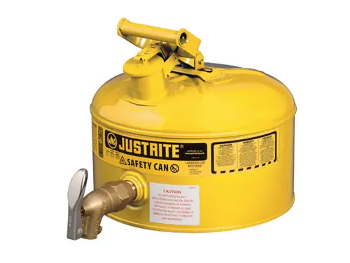 Justrite Laboratory 2.5 Gal Steel Safety Shelf Gas Can w/ 08902 Faucet (Yellow)