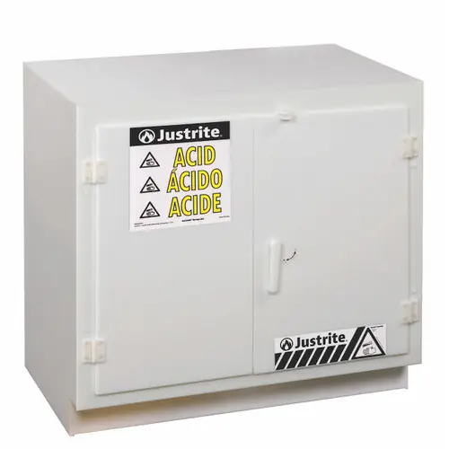 Justrite White Solid Polyethylene Cabinets for Acids - 2 Door Undercounter - Thirty-six 2.5 liter bottles