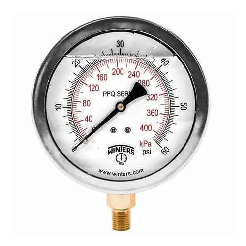 Winters PFQ Series 2 1/2 in. Stainless Steel Liquid Filled Gauge w/ Brass Internals & 1/4 in. Bottom Mount