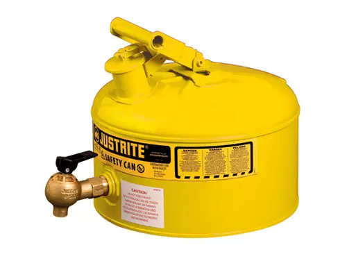 Justrite Laboratory 2.5 Gal Steel Safety Shelf Gas Can w/ 08540 Faucet (Yellow)