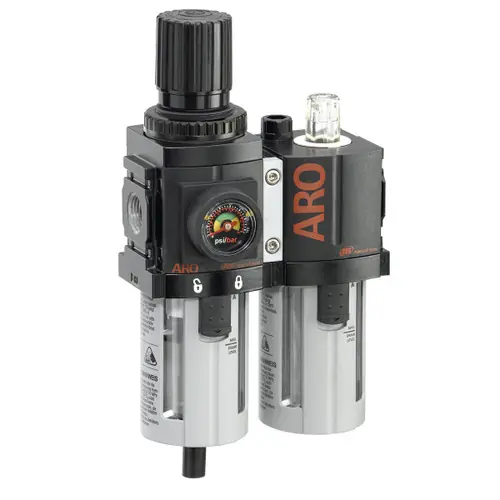 ARO 1500 Series 1/4 in. 3-Piece Combination Filter Regulator + Lubricator w/ Poly Bowl & Manual Drain