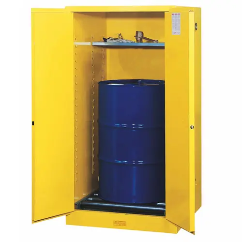 Justrite Yellow Vertical Drum Storage Cabinet - 2 Door Manual w/ Drum Rollers