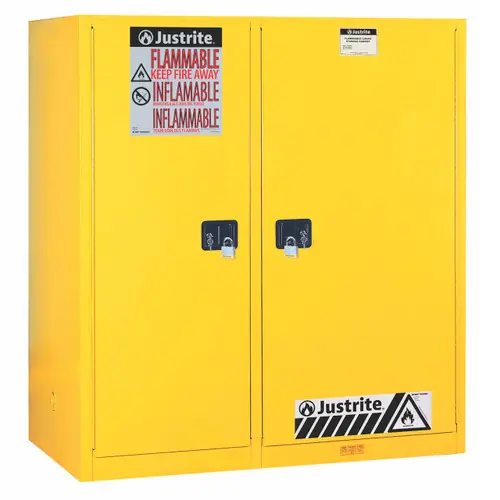 Justrite Yellow Double-Duty Horizontal Safety Cabinet - Self-Close Doors