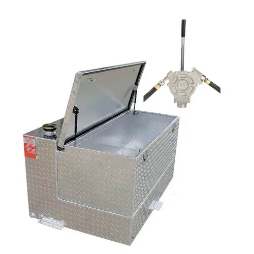95 Gallon Aluminum Fuel Transfer Tank and Toolbox w/ GPI 50 Gallons Per 100 Strokes Pump