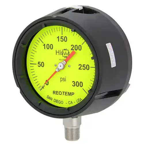 Reotemp PT45 Series Industrial Glycerin Filled Process Gauges, 4 1/2 in. Hi-Vis Dial, Bottom Mount