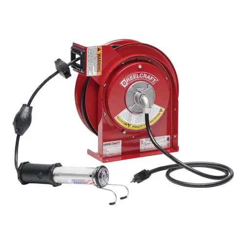 Reelcraft L 4000 Series Premium Duty LED Light Cord Reel w/Outlet & Inlet Straight Plug, 16 AWG, 35 ft.