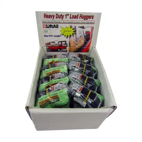 Lift-All Load Hugger™ 1 in. x 15 ft. Polyester Tie Down w/ Ratchet, 1-Ply, Coated Open Hook, 2,100 lbs. Ultimate Strength, 700 lbs. Working Load Limit (16 pc. Display Pack)