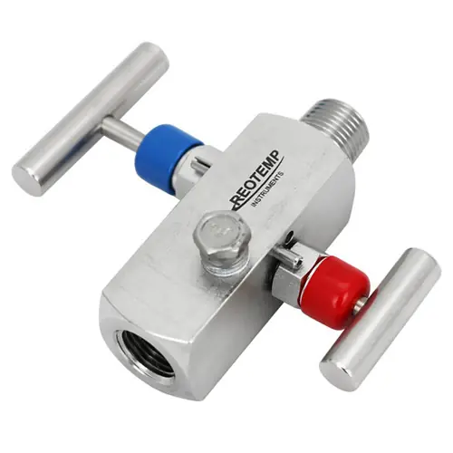 Reotemp Series G20 Double Valve Block & Bleed, 1/2 in. MxF Connection, 10,000 PSI @ 200°F, Stainless Steel