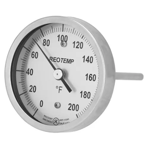 Reotemp B Series Back Connect Bimetal Thermometer, 5 in. Dia. Dial, Temp Range 0° to 200°F