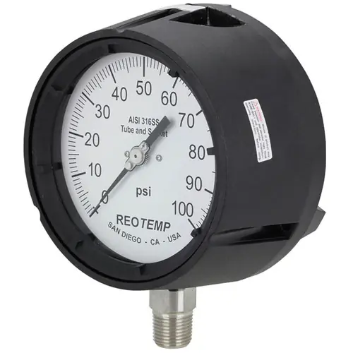 Reotemp PT45 Series Industrial Glycerin Filled Process Pressure Gauges, 4 1/2 in. Dial, Lower Mount