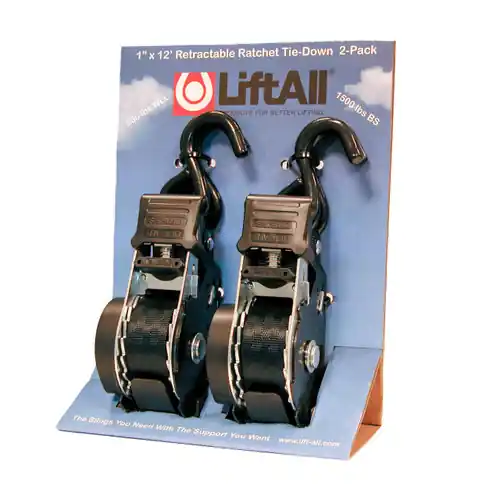 Lift-All 1 in. x 12 ft. Retractable Polyester Tie Down w/ Ratchet, 1-Ply, Coated Open Hook, 1,500 lbs. Ultimate Strength, 500 lbs. Working Load Limit (2 Pack)