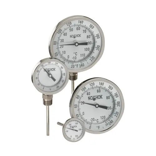 NOSHOK 300 Series 3 in. Dial Bimetal Thermometer w/ External Reset, 1/2 in. NPT Back Mount, 2 1/2 in. L Stem, 0° to 200° C