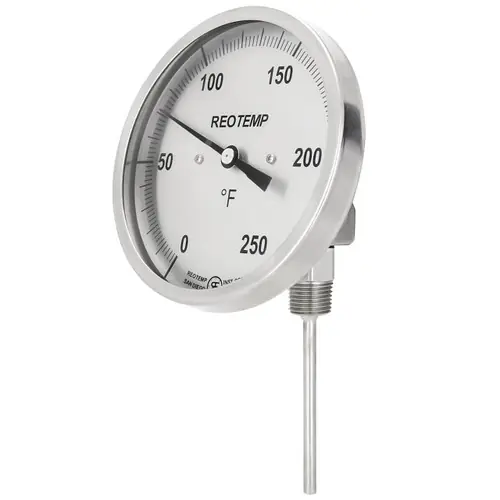 Reotemp J Series Adjustable Angle Bimetal Thermometer, 5 in. Dia. Dial, Temp Range 50° to 550°F