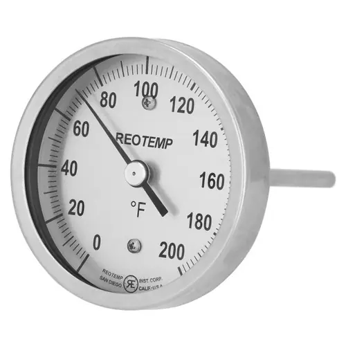 Reotemp BB Series Back Connect Bimetal Thermometer, 5 in. Dia. Dial, Temp Range 0° to 150°F