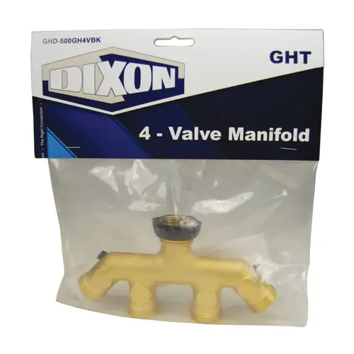 Dixon 3/4 in. GHT 4-Valve Brass Manifold w/ PTFE Seal, (4) Male GH x Female GHT, Retail Packaging