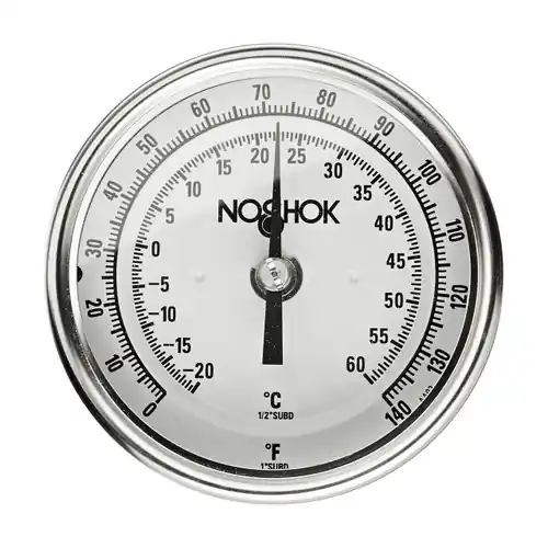 NOSHOK 300 Series 3 in. Dial Bimetal Thermometers w/ External Reset, 1/2 in. NPT Back Connection, 2 1/2 in. L Stem