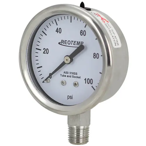 Reotemp PM25 Series Industrial Glycerin Filled Pressure Gauge 2 1/2 in. Dial Bottom Mount
