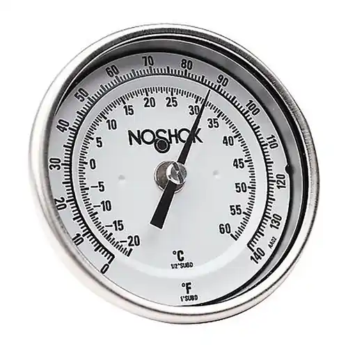 NOSHOK 100 Series 2 in. Dial Bimetal Dual Temp Thermometers w/ 1/4 in. NPT Back Mount, 2 1/2 in. L Stem
