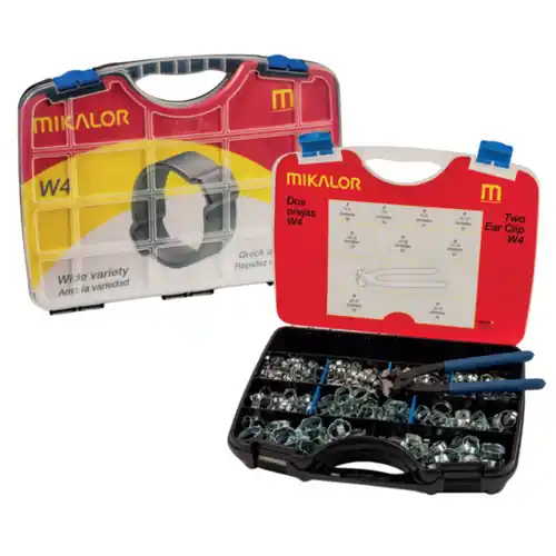 Mikalor Clamps LLC 03503124 5-15 mm Stainless Steel W4 AISI 304 Two Ear Clips Assortment Box - Box Qty 375