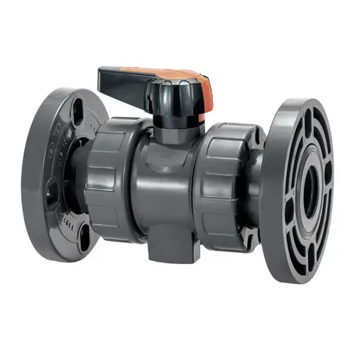 Chemline Plastics Type 25 True PVC Union Ball Valve w/ Locking Handle, FKM Seals, Flanged Ends