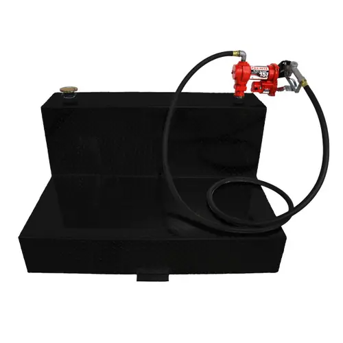 95 Gallon Aluminum L-shape Fuel Transfer Tank w/ Fill-Rite 15 GPM Pump (12V DC) - Black Powder Coated